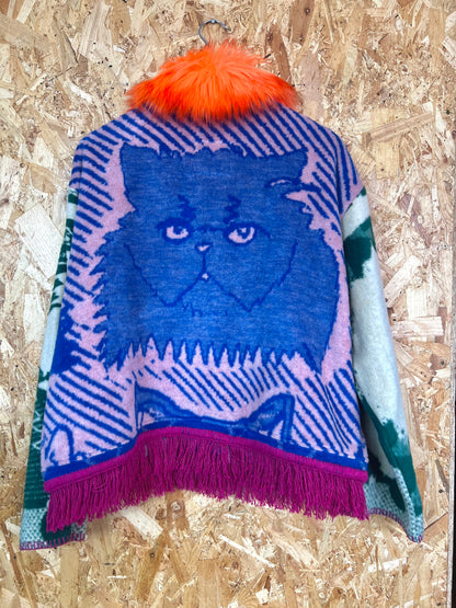 Jacquard Cat Design Jacket With Fluffy Collar,  Handmade by Szmat Sklad