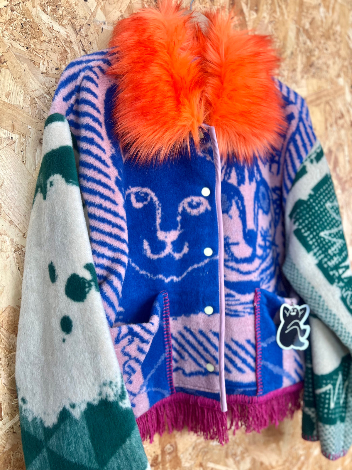 Jacquard Cat Design Jacket With Fluffy Collar,  Handmade by Szmat Sklad