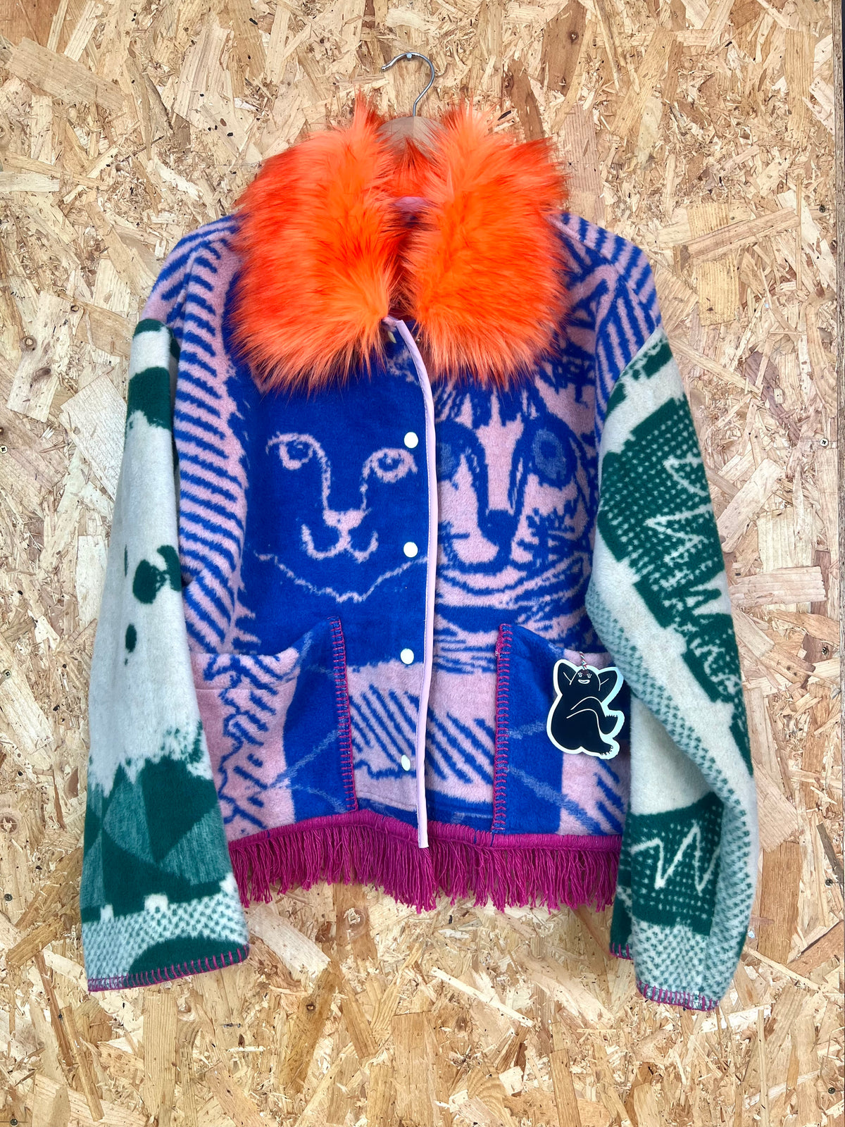Jacquard Cat Design Jacket With Fluffy Collar,  Handmade by Szmat Sklad