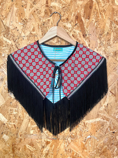 Black And Red Capelet With Fringe By Flamingo Rodeo