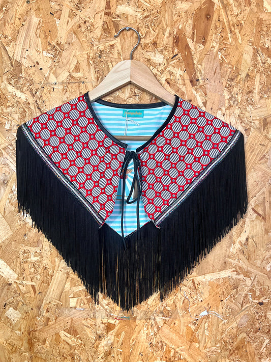 Black And Red Capelet With Fringe By Flamingo Rodeo