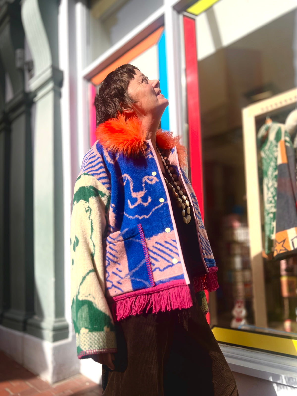 Jacquard Cat Design Jacket With Fluffy Collar,  Handmade by Szmat Sklad