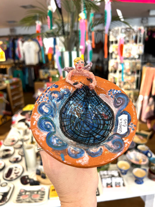 Ceramic Figure With Fishing Net Bowl By Christina Gregoriou