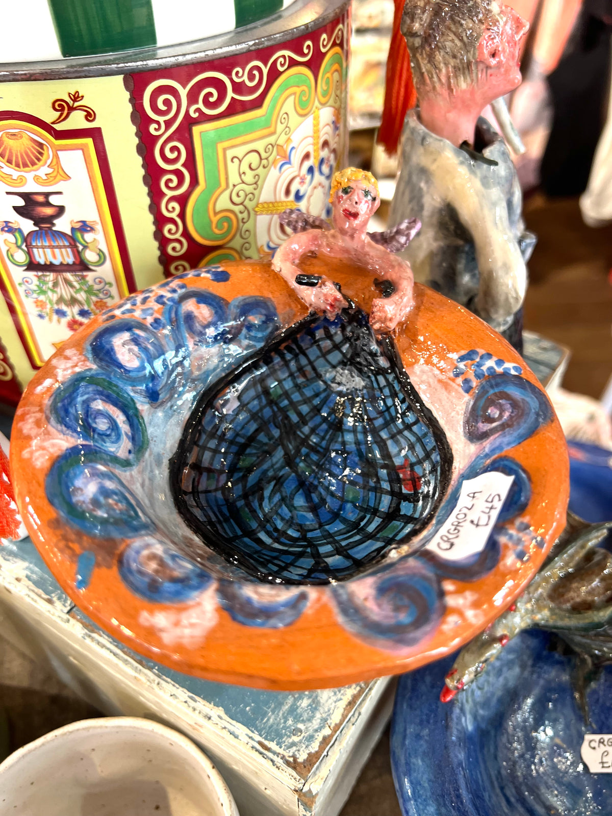 Ceramic Figure With Fishing Net Bowl By Christina Gregoriou