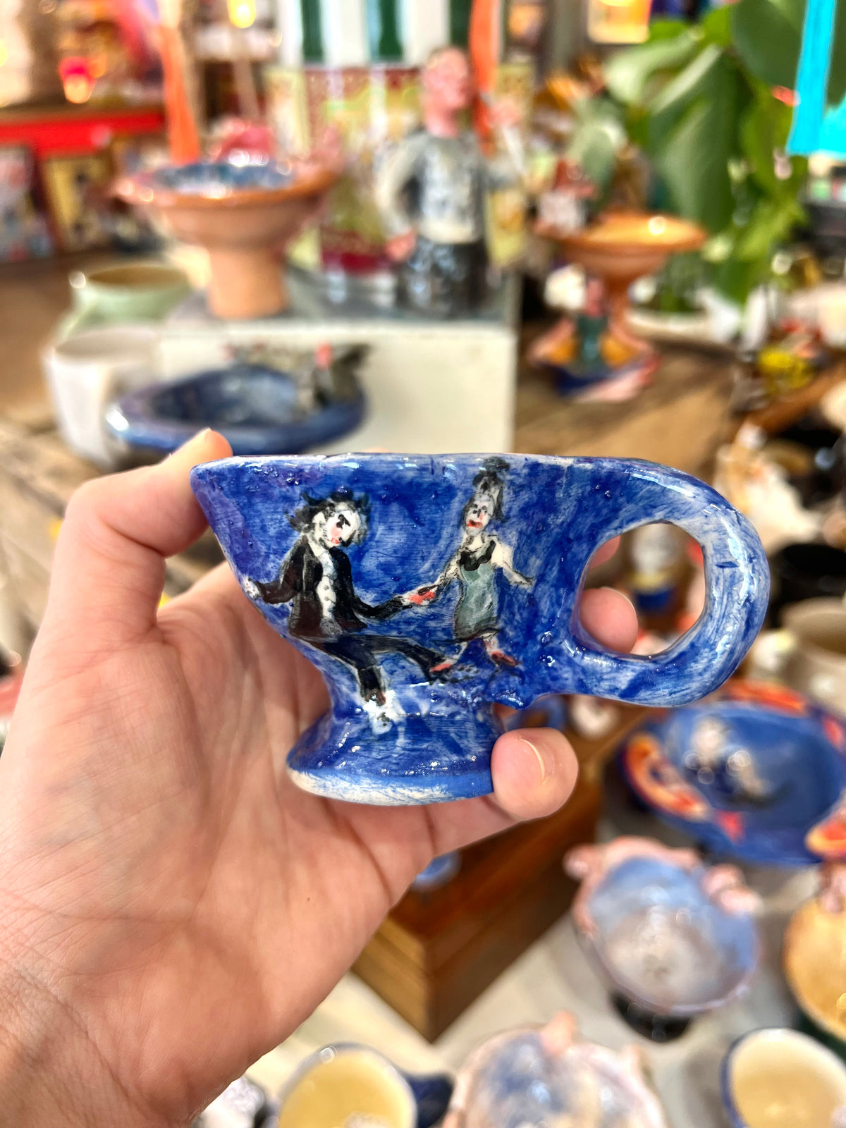 Dancing Couple Blue Ceramic Cup By Christina Gregoriou