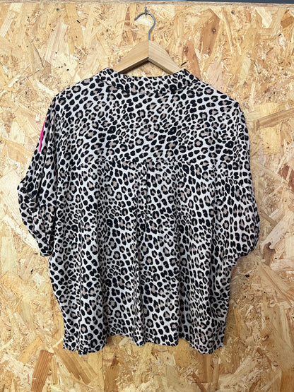 Leopard Print Shirt With Embroidery Bolts And Hot Pink Fringe by Flamingo Rodeo