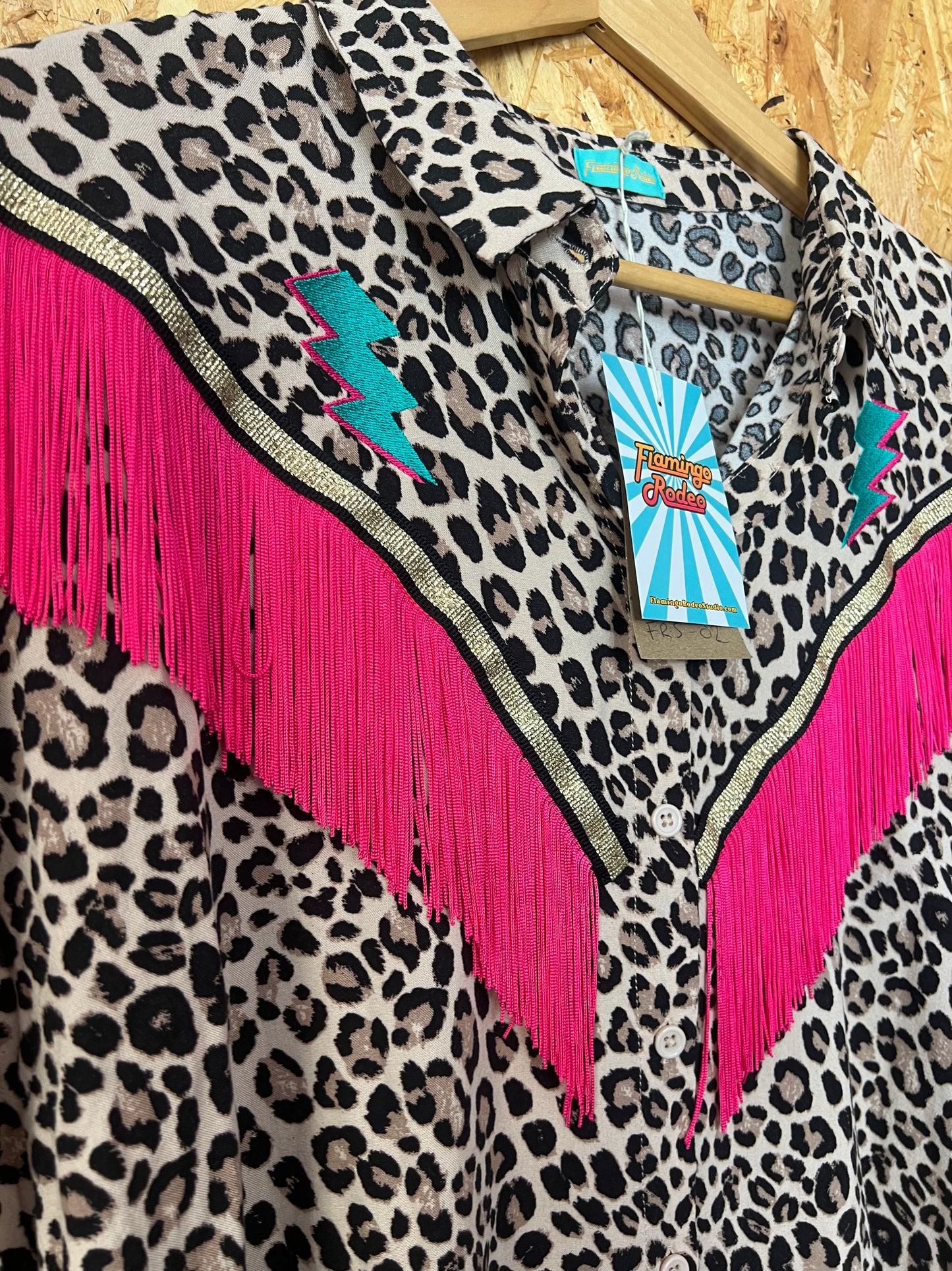 Leopard Print Shirt With Embroidery Bolts And Hot Pink Fringe by Flamingo Rodeo