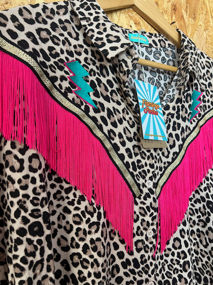 Leopard Print Shirt With Embroidery Bolts And Hot Pink Fringe by Flamingo Rodeo