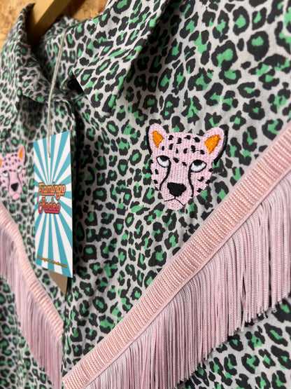 Green And Pink Leopard Print Shirt With Embroidery And Fringe by Flamingo Rodeo