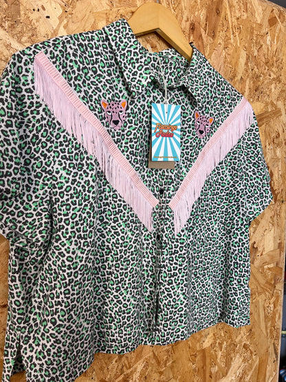 Green And Pink Leopard Print Shirt With Embroidery And Fringe by Flamingo Rodeo