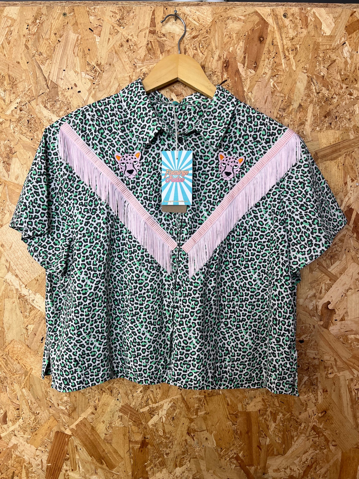 Green And Pink Leopard Print Shirt With Embroidery And Fringe by Flamingo Rodeo