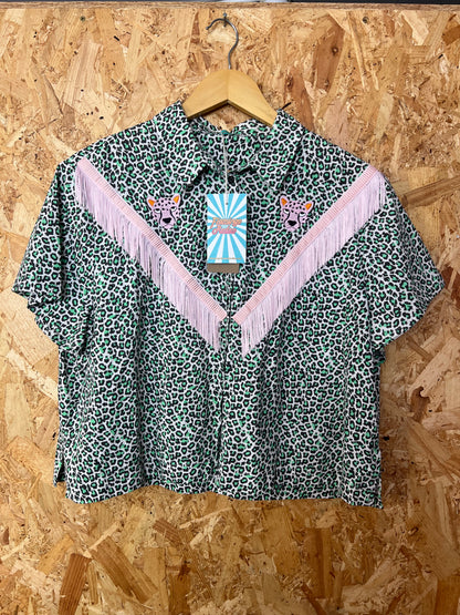 Green And Pink Leopard Print Shirt With Embroidery And Fringe by Flamingo Rodeo