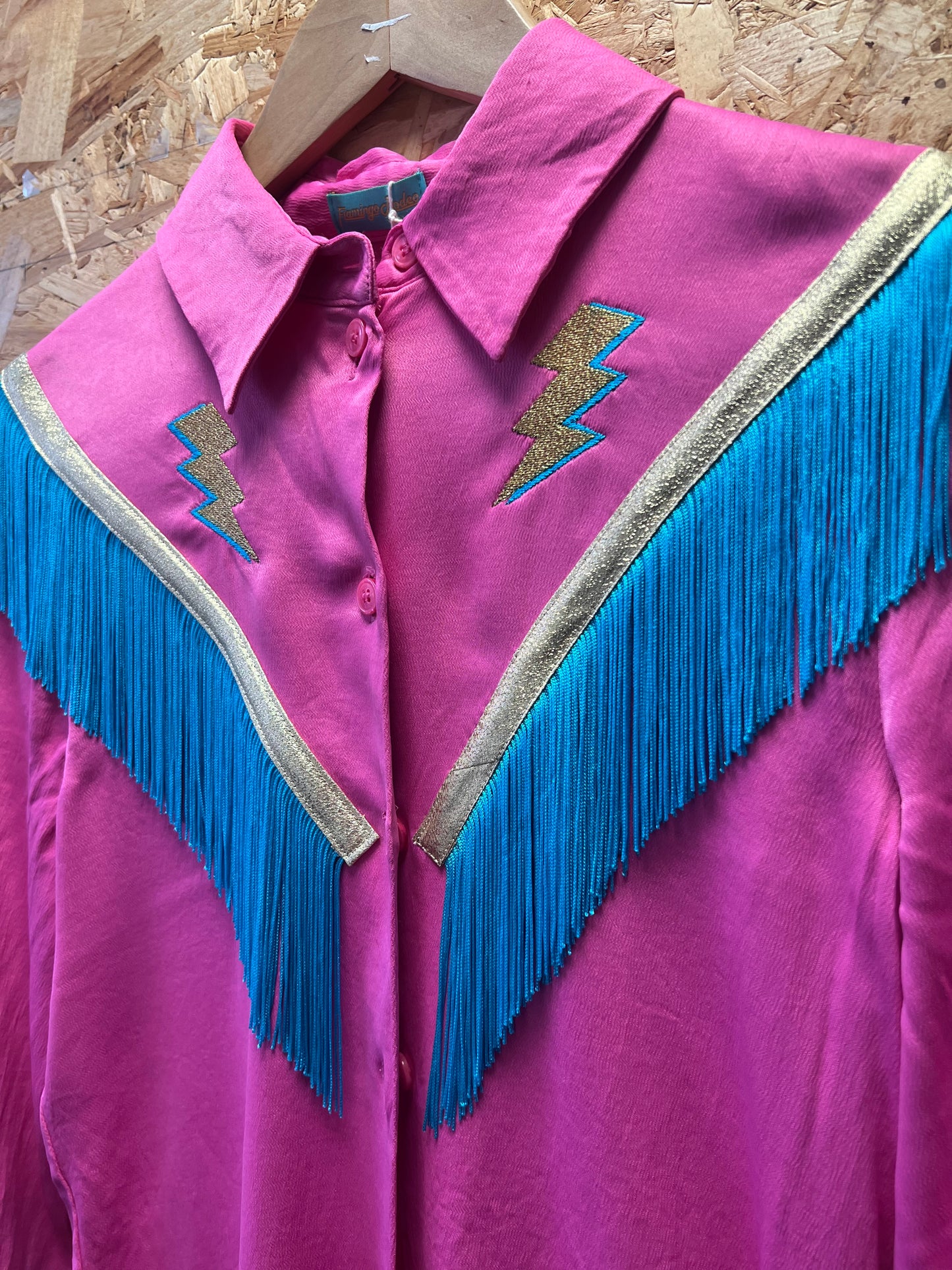 Pink bolt embroidery fringe shirt by Flamingo Rodeo