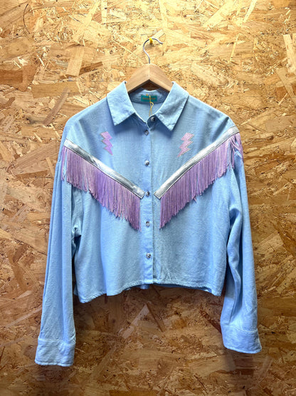 Blue bolt embroidery fringe shirt by Flamingo Rodeo