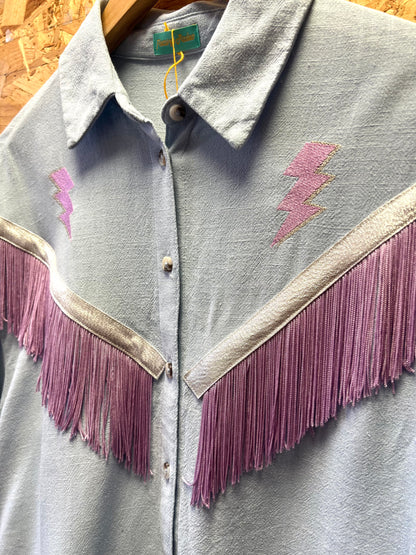 Blue bolt embroidery fringe shirt by Flamingo Rodeo