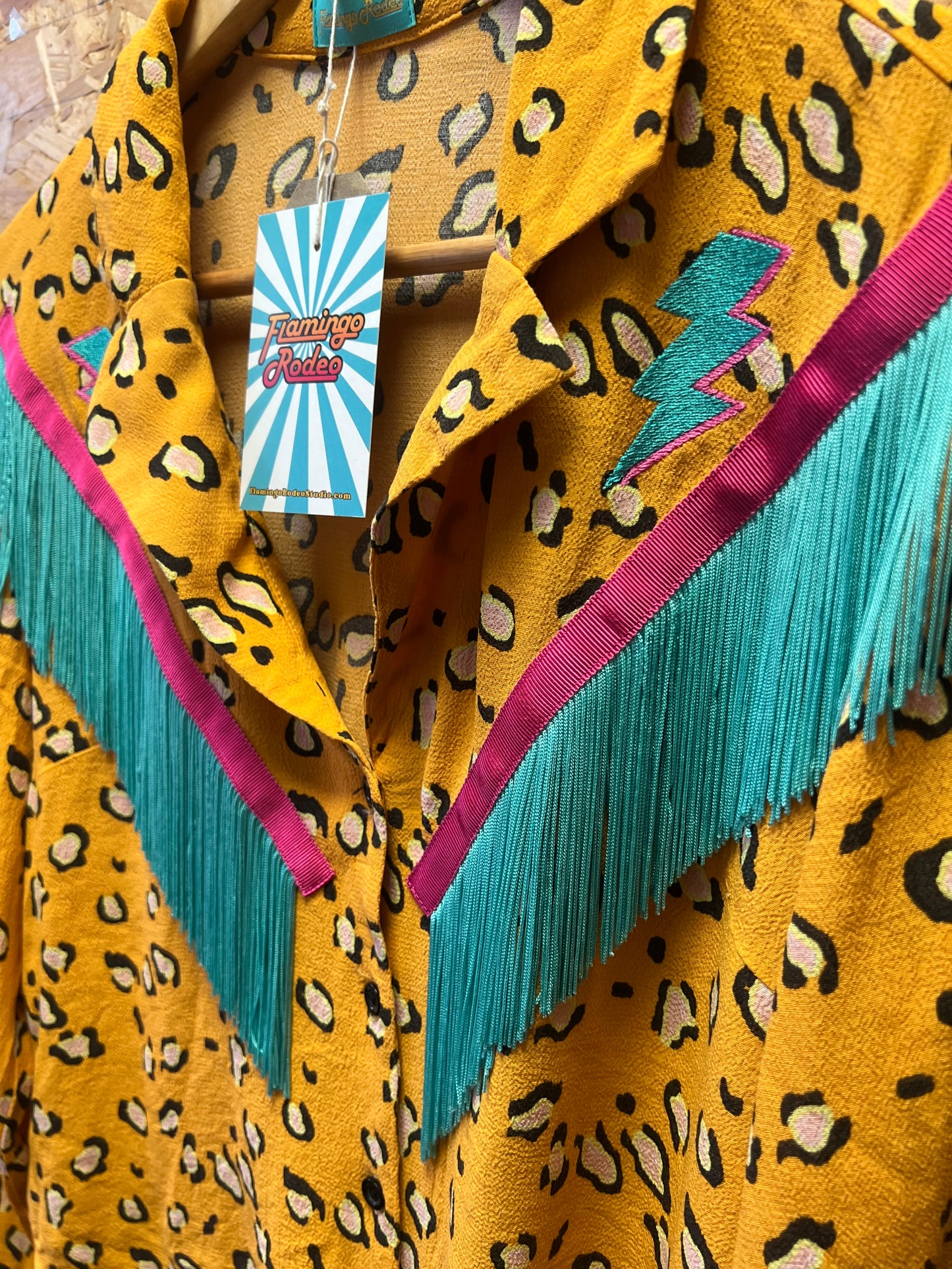 Mustard yellow, leopard print embroidery  fringe shirt by Flamingo Rodeo
