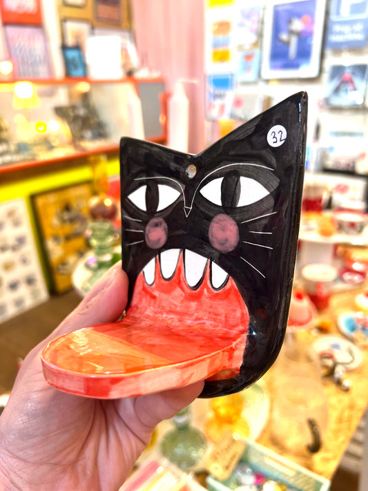 Black Cat Face Ceramic Candle Holder by Anna Soba