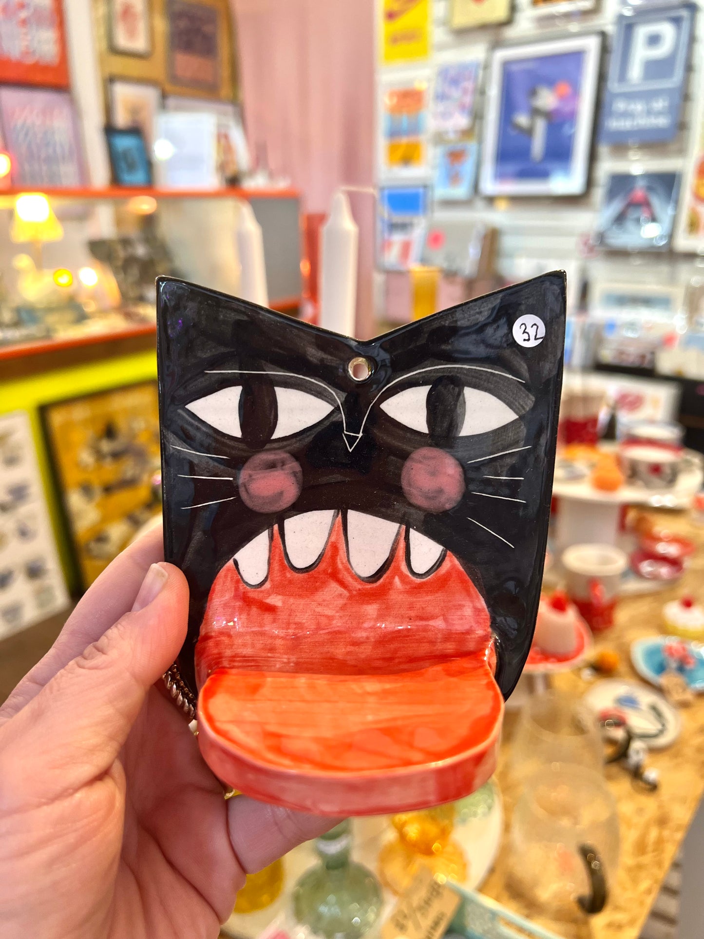 Black Cat Face Ceramic Candle Holder by Anna Soba