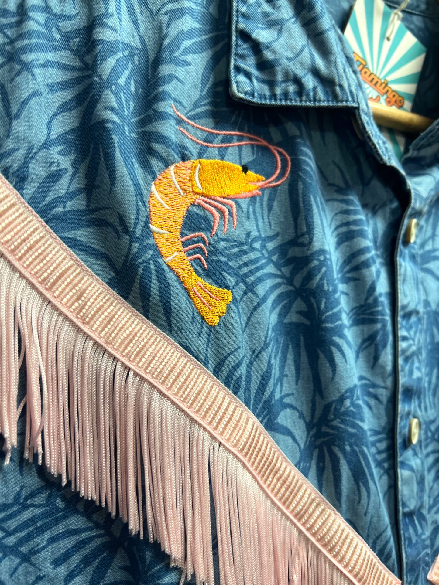 Blue Palm Tree Shirt with Prawn Embroidery by Flamingo Rodeo