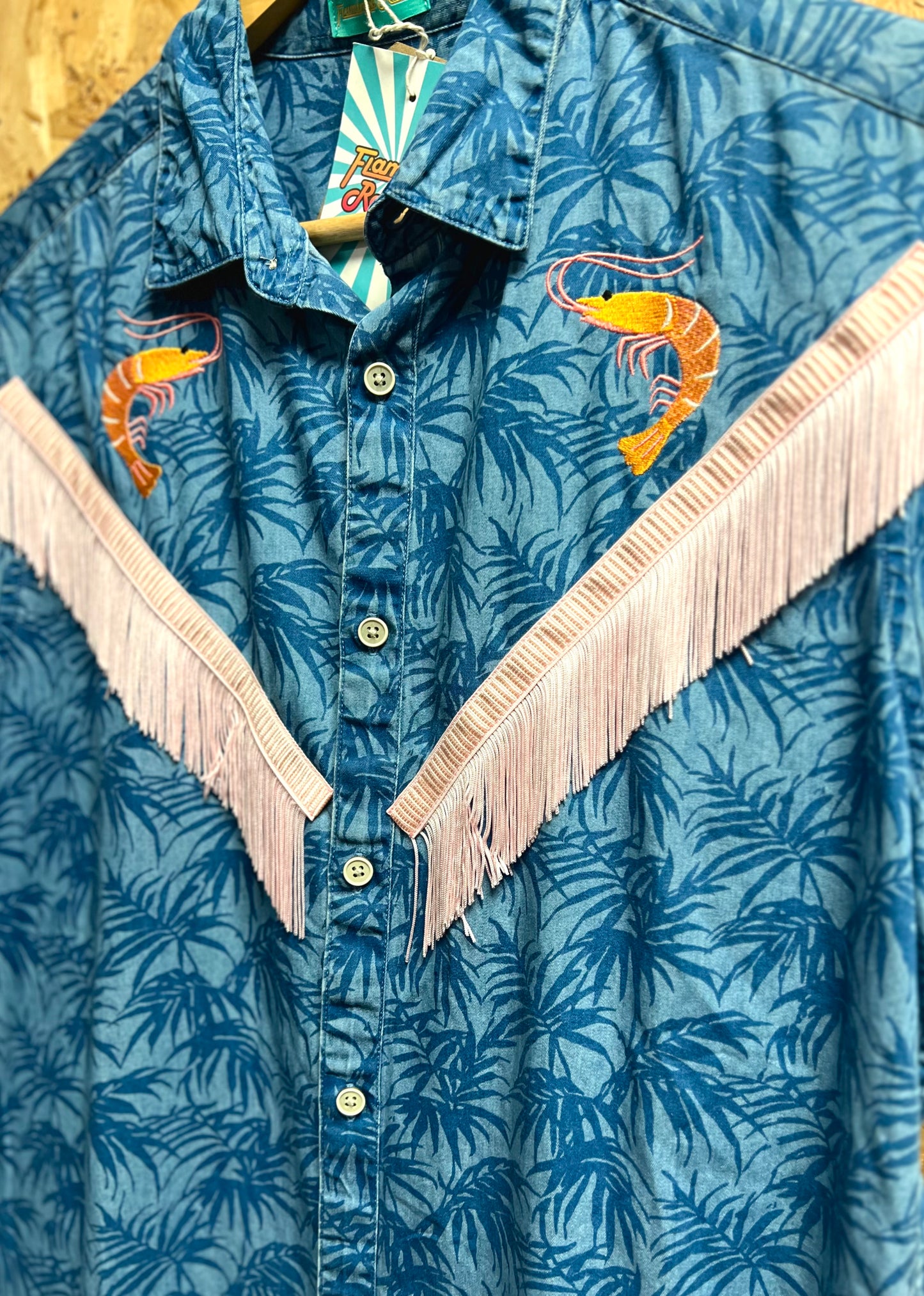 Blue Palm Tree Shirt with Prawn Embroidery by Flamingo Rodeo
