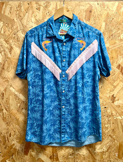 Blue Palm Tree Shirt with Prawn Embroidery by Flamingo Rodeo
