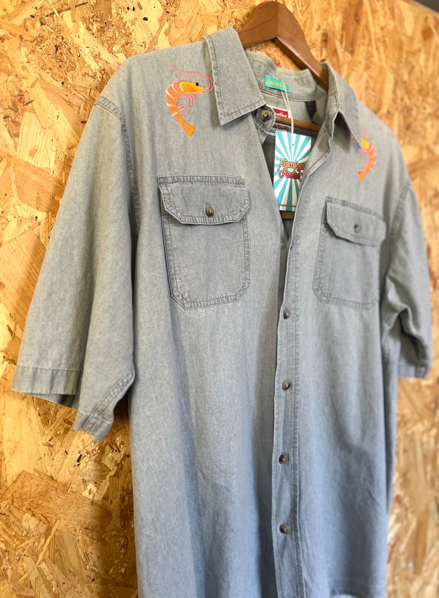 Prawn Embroidery Short Sleeve Shirt By Flamingo Rodeo