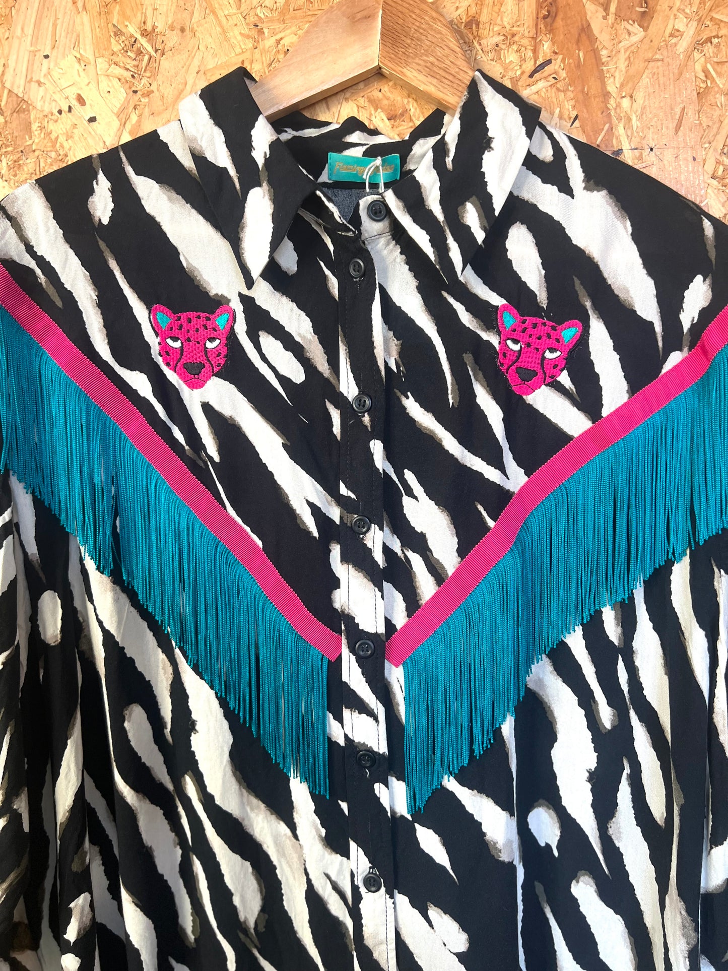 Jaguar Embroidery And Zebra Print Fringe Shirt by Flamingo Rodeo