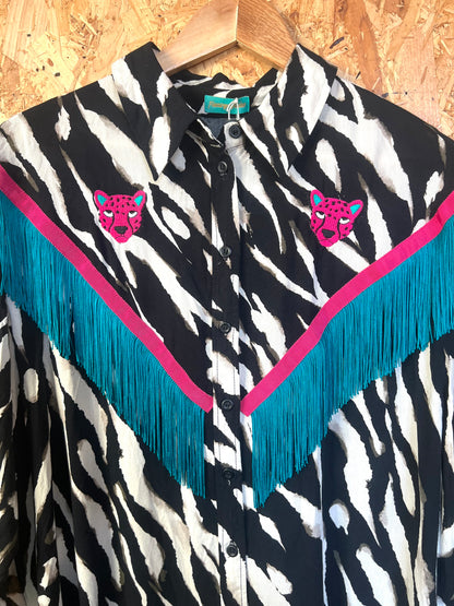 Jaguar Embroidery And Zebra Print Fringe Shirt by Flamingo Rodeo