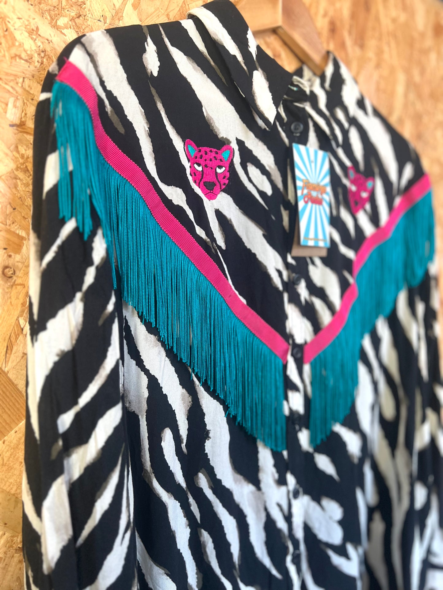 Jaguar Embroidery And Zebra Print Fringe Shirt by Flamingo Rodeo