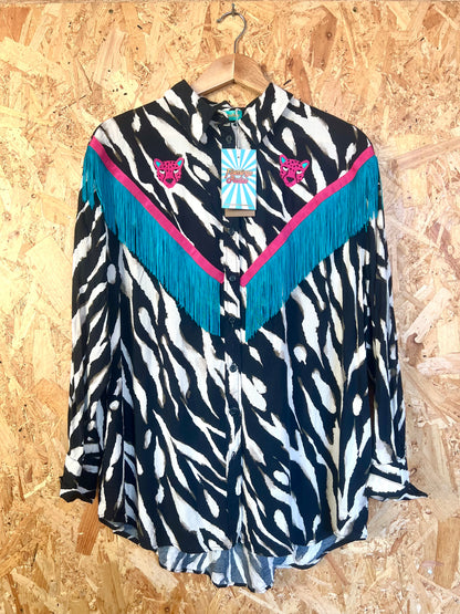Jaguar Embroidery And Zebra Print Fringe Shirt by Flamingo Rodeo