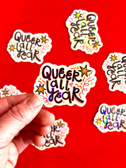 Queer All Year Confetti Cannon - LGBT Holographic Sticker By MopBox