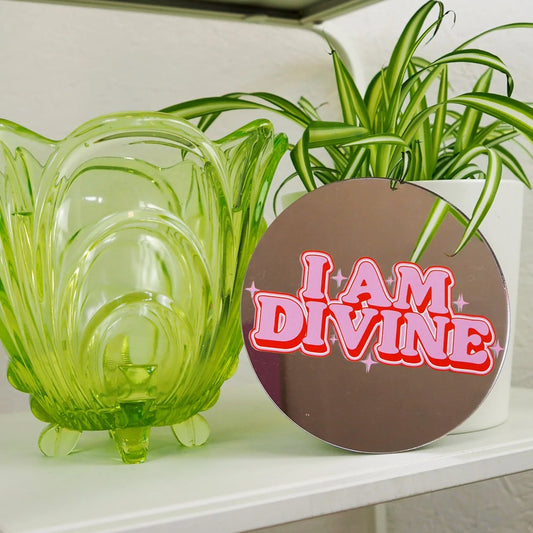Retro I Am Divine Disc Mirror by Printed Weird