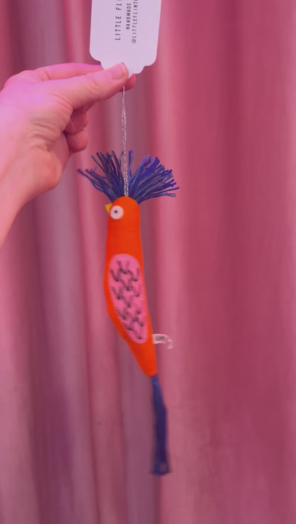 Orange - Blue Wool Fantastical Bird Hanging Decoration By Little Flint