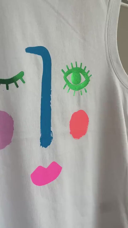 White Face Tank Top T-shirt, Blue Foil, Handprinted, by Pinkijones