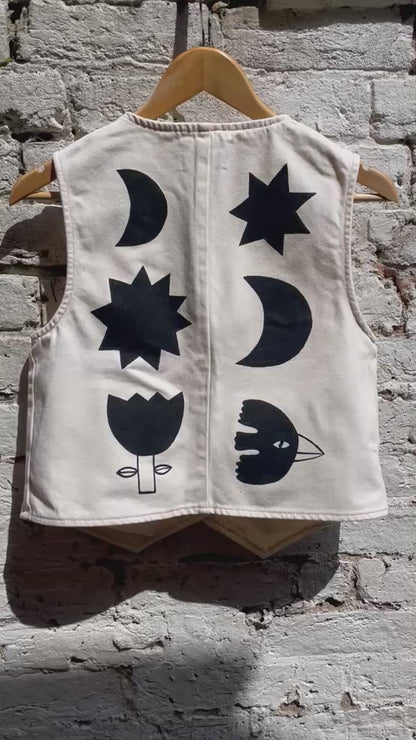 Handpainted Reclaimed Vest With Flower , Moon, Sun, Bird By Anna Soba