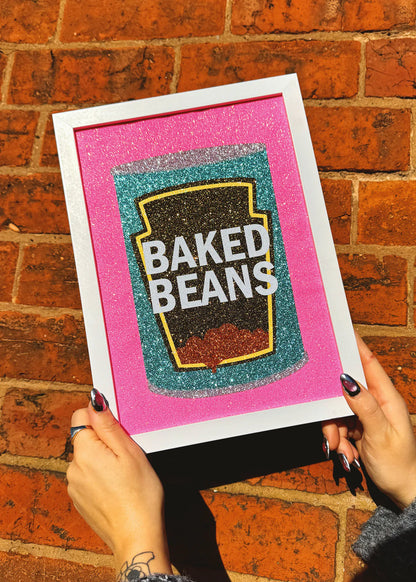 Baked Beans - Glitter Fabric A4 Print by Printed Weird