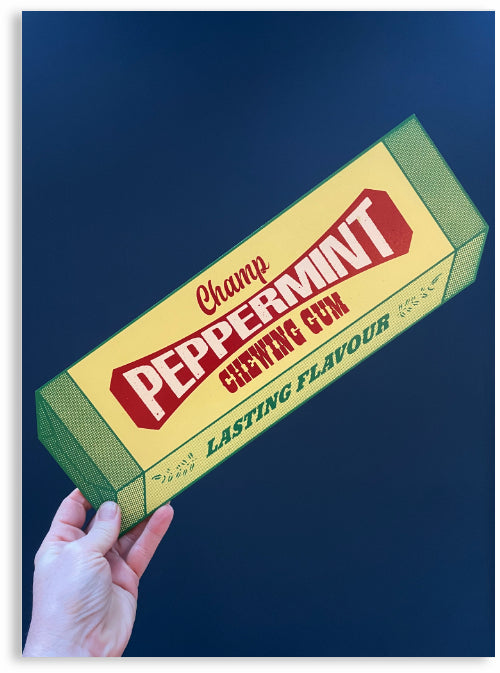 PEPPERMINT GUM Hand-Printed Wooden Art Sign by Patrick Edgeley